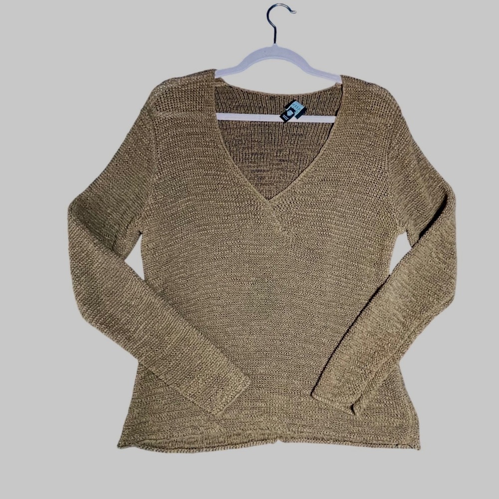 Eileen Fisher Petite Large Brown Cotton Nylon Textured V-Neck Pullover Sweater